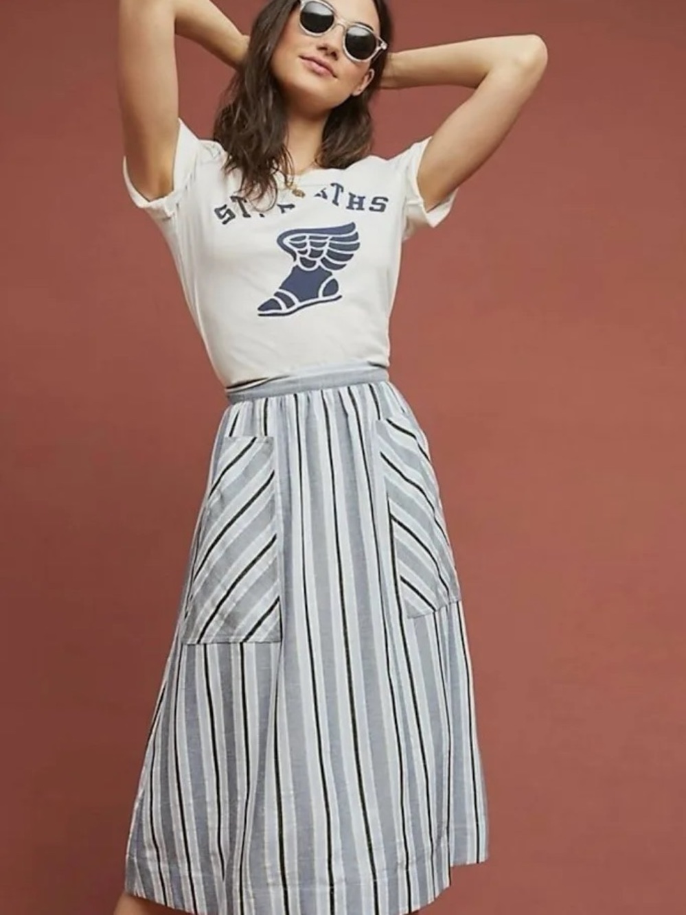 Anthropologie Blue and White Striped Midi Skirt with Front Pockets